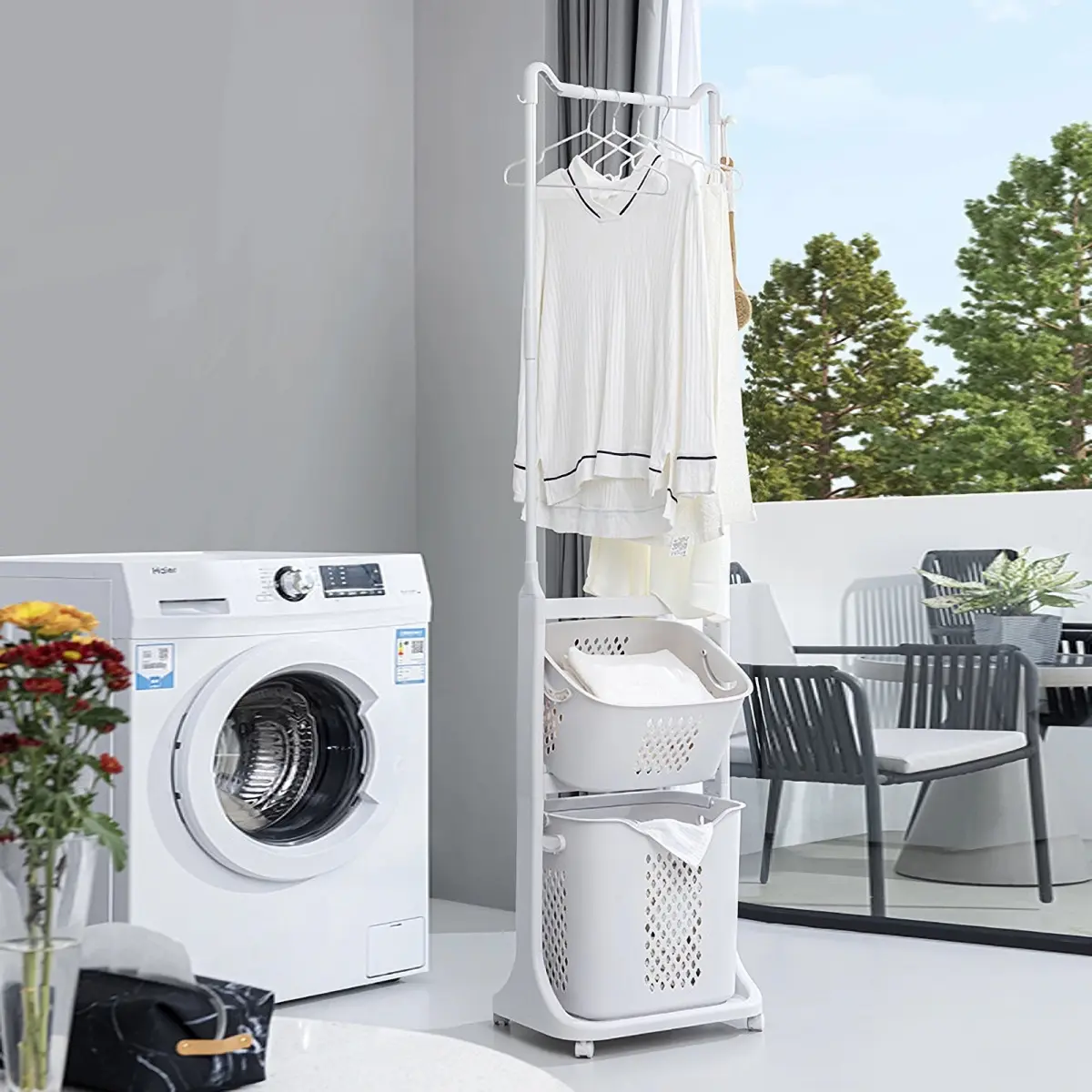[Bellemave] 2-Tier Rolling Laundry Hamper with Hanging Bar, Stackable Laundry Cart with Removable Baskets and Wheels for Small Space, Bathroom Organizer