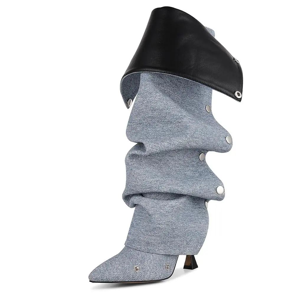 Women's Elegant Stiletto Knee High Boots, Pointed Toe, Ruched Slouchy Design, Stylish Luxury Footwear, Statement Shoe, Statement Shoes, Plain, Slouchy Look