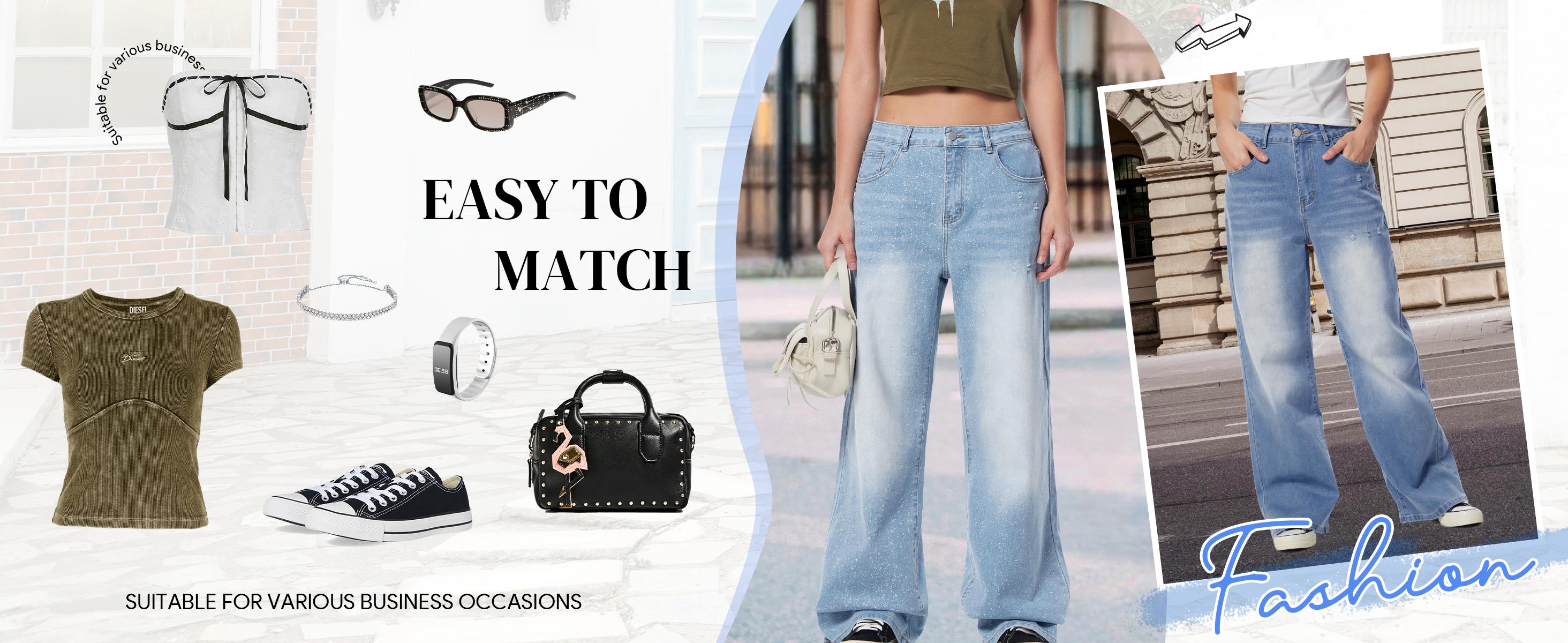 EMMIOL Women's Trendy Casual Denim Pants - Elastic High Rised Wide Leg 2025 Style All Seasons Comfortable Fit