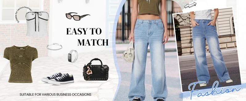 EMMIOL Women's Trendy Casual Denim Pants - Elastic High Rised Wide Leg 2025 Style All Seasons Comfortable Fit