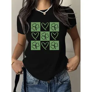 Street Style T-Shirt Featuring Shamrock Heart Checkerboard Print