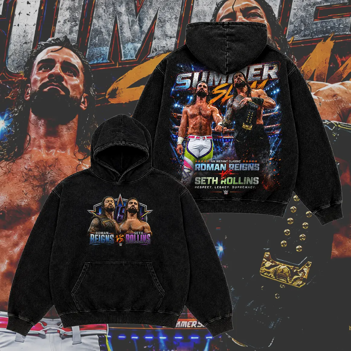 WWE SummerSlam 2026 Roman Reigns vs Seth Rollins Menswear Vintage Washed Pullover Hoodie, Front and Back Wrestling Graphic, Casual Streetwear