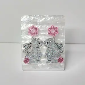 #434 Silver Glitter Bunny Rabbit with Pink Glitter Tail and Flower Stud Earrings, Casual Easter Jewelry