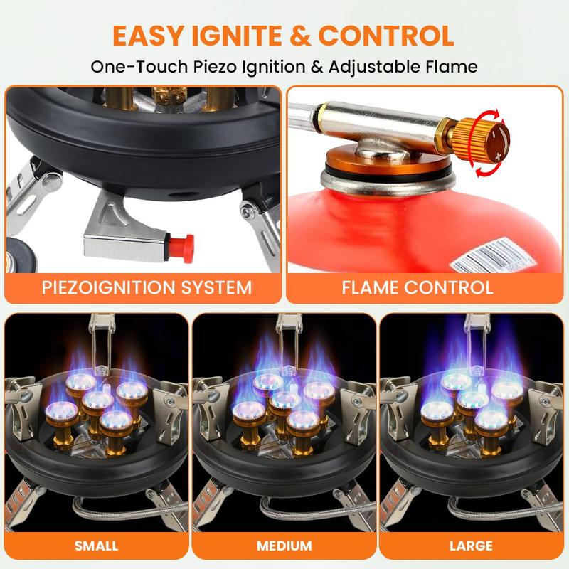 GEEKHOM 16000W Portable Camping Stove – Windproof, Foldable Gas Burner with Piezo Ignition for Propane/Butane Canisters | Compact Backpacking Stove for Hiking, Picnics, & Emergency Use