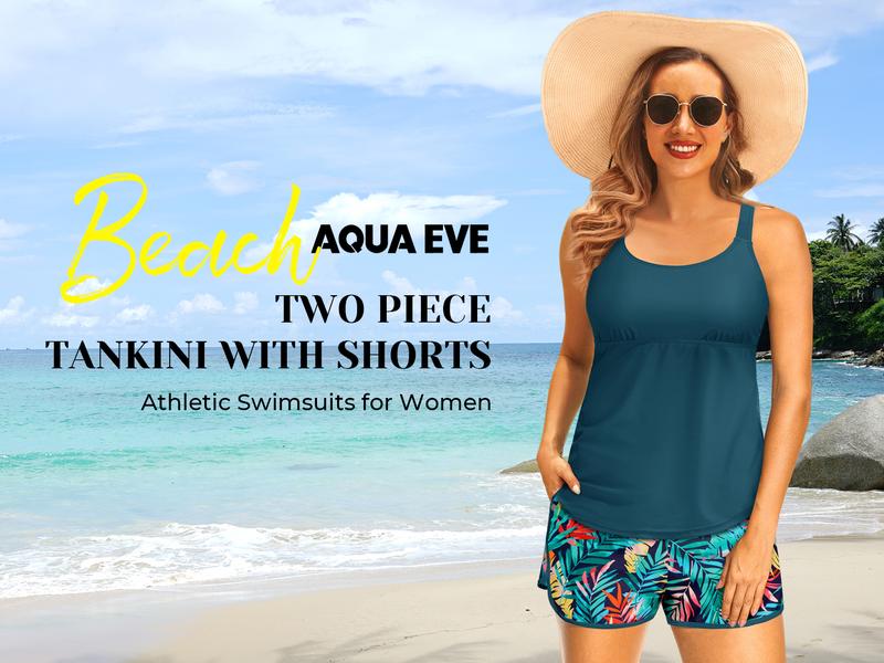 Aqua Eve Women Tankini with Shorts - Two Piece Swimsuit Tummy Control Bathing Suit with Pocket Cross Back Swimwear
