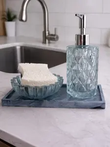 Blue Gray Kitchen Sink Organizer Set Soap Dispenser Tray Countertop Decor