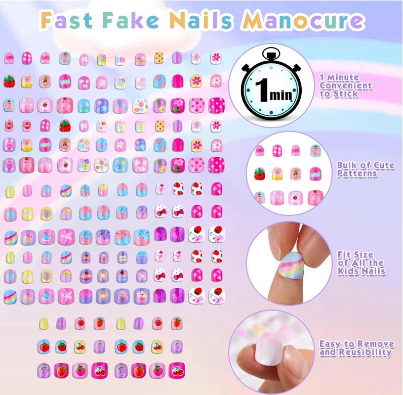 168Pcs Kids Press on Nails Set for Little Girls, Shynek Mini Fake Nails for Kids Pre Glue Stickers Nails Full Cover Small Nail Tips for Girls Gifts 8-10 (Extra Small Nail Size)