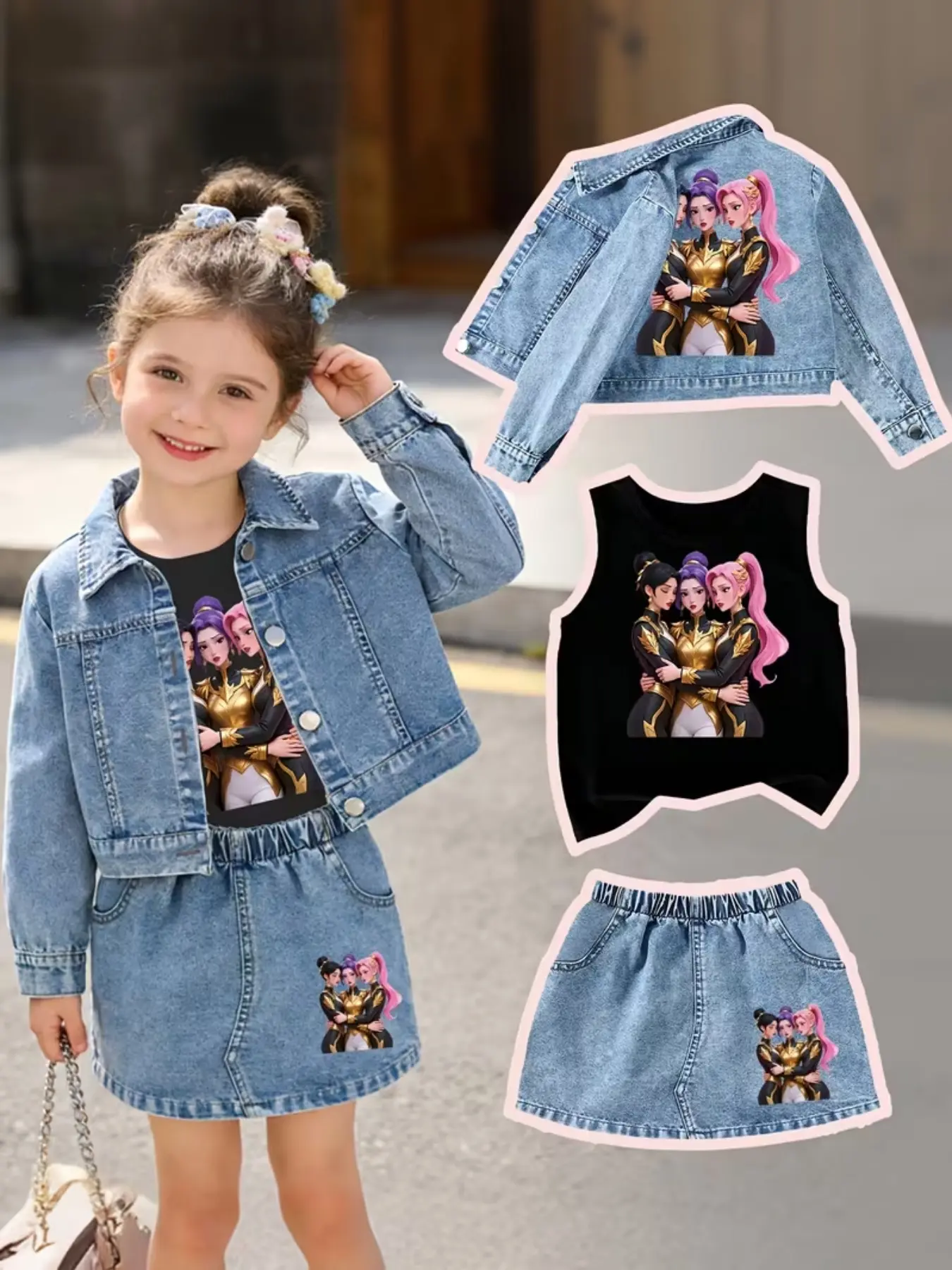 Role-Playing Set: Denim Jacket + Jean Mini Skirt + Sleeveless Vest, Trendy Girl Group Style, Fashion, Slim Fit, Fitted, All Seasons, Perfect Gift, Outfits, Clothes, Casual Chic Set