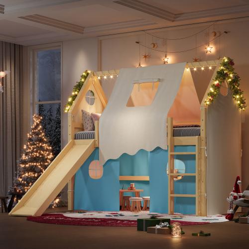 【Bellemave】Twin /FullSize House Loft Bed with Sills and Tents, Solid Wood Loft Bed with Ladders and Slide, Chic Design with Lights, No Box Spring Needed Outdoor Swing Set Swing Seat