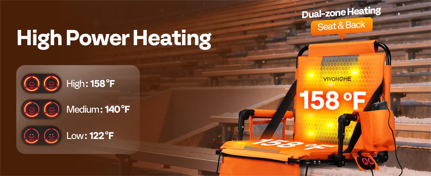 VIVOHOME 35W Padded Heating Stadium Seats, 2 Pack Heated Bleacher Chairs with Back Support, 3 Levels of Heat, Comfortable for Various Sports Events