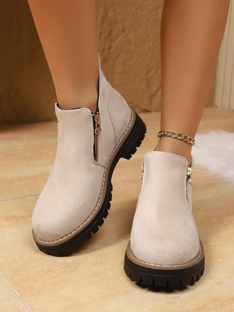 Women's Fashion Thick-sole Ankle Boot Comfortable Slip-Resistant Side-Zip Boots Solid-Color Low-Top Fall/Winter Casual Shoes
