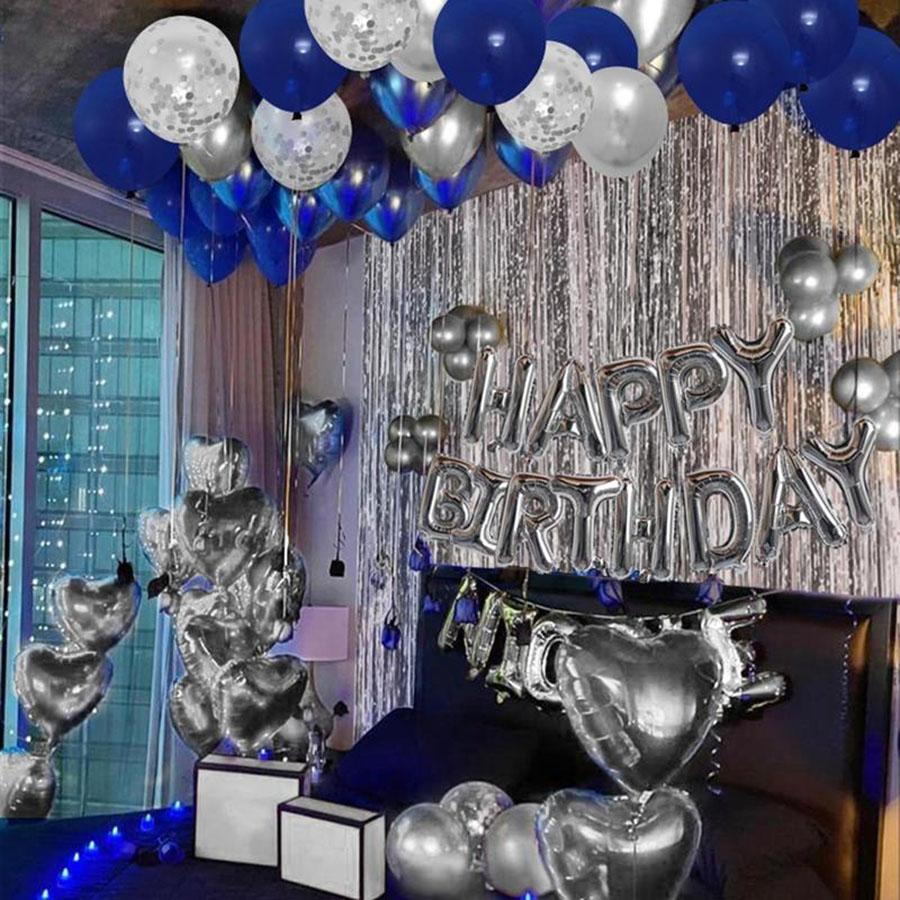 Elegant Birthday Balloon Decoration Set Stylish Blue Silver & Rose Gold Foil Curtain Heart Shaped & Confetti Balloons for Boyfriend’s Surprise Summer Parties & Baby Showers