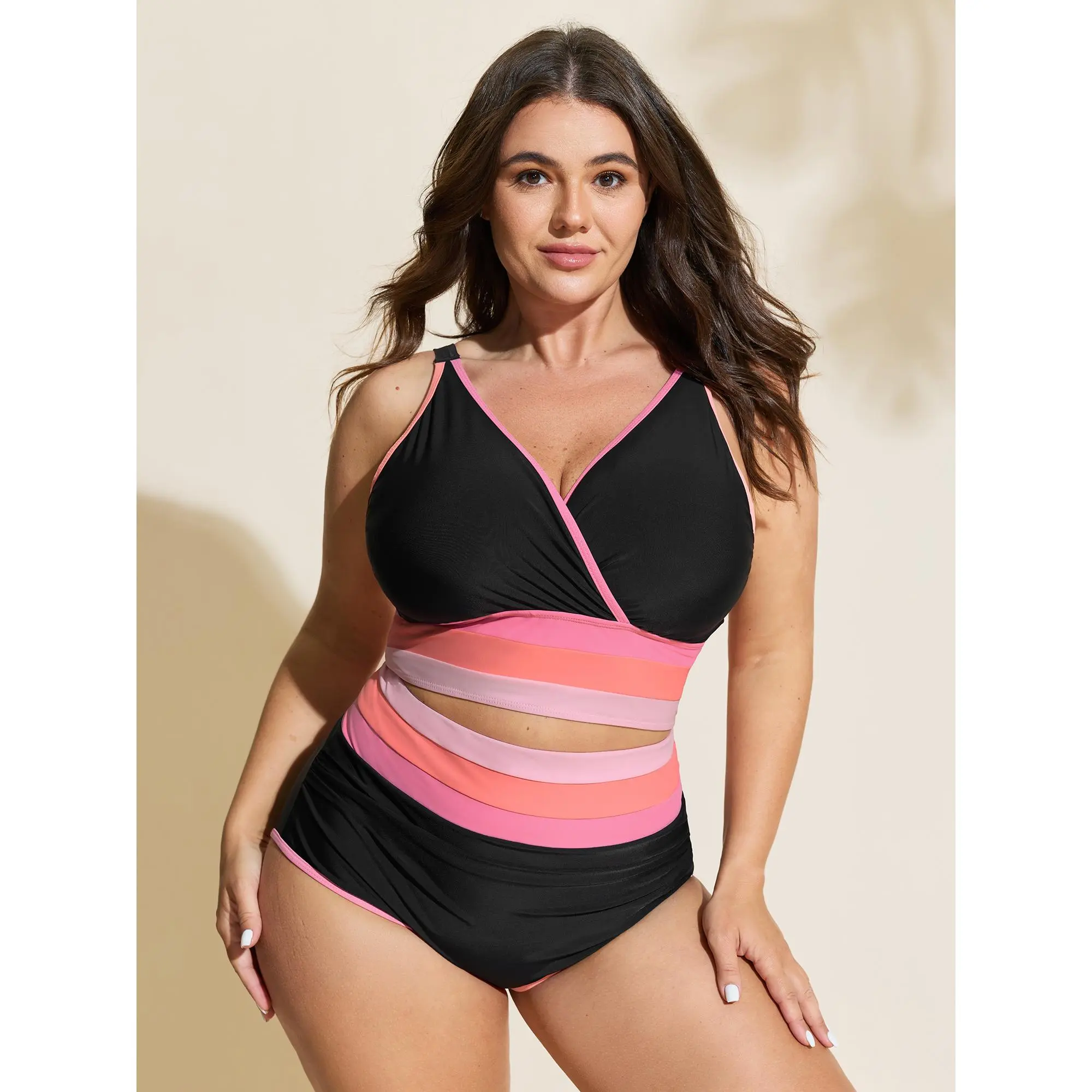 BloomChic Plus Size Bikini Set, Color Contrast High Stretch Women's Bathing Suits with Adaptive-Fit and Removable Chest Pad, Bikini Sets, Plus Size Clothes, Swimsuit For Beach, Fashionable Swimsuit, Bikini Top