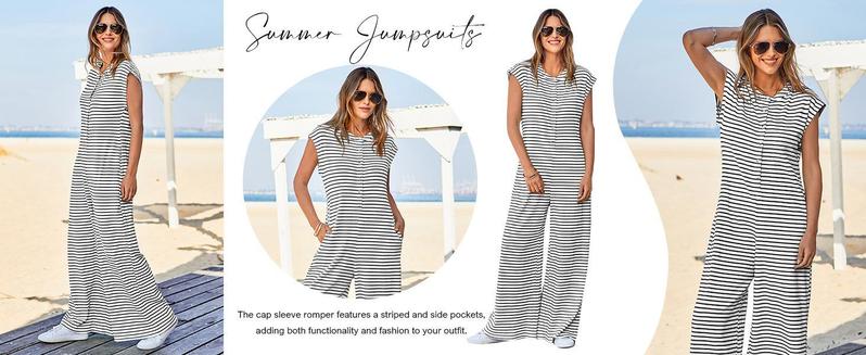 Imily Bela Womens Casual Striped Jumpsuits Summer Cap Sleeve Wide Leg Jumper Romper Button Down Travel Beach Outfits