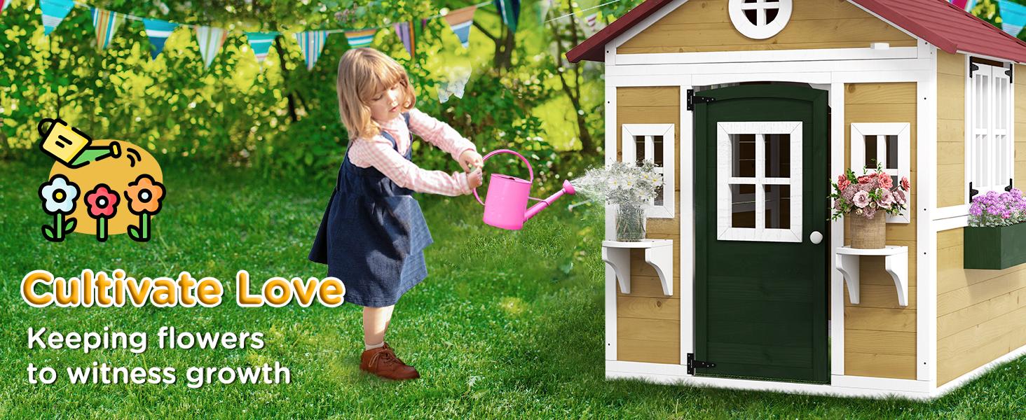 Outsunny Playhouse for Kids Outdoor, Country Style Wooden Playhouse with Flower Pot Holders, Working Door, Windows, Service Stations for 3-7 Years