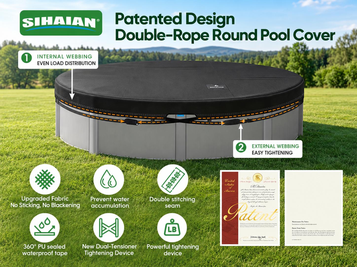Pool Cover Device SIHAIAN Dual-Rope Round Pool Cover, Built-in Automatic Drainage Device