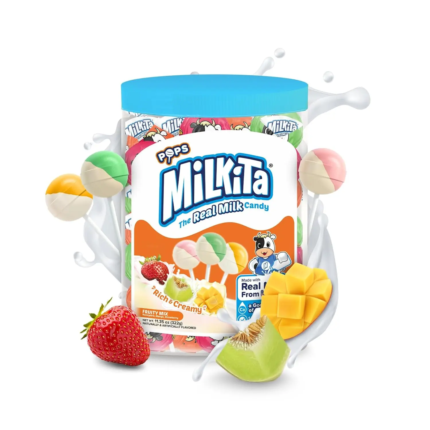 Milk Candy Lollipop Jar (28 ct): Milkita Assorted Healthy Candy for Adults & Kids – Calcium-Rich Treats Made with Real Milk – Gluten-Free, Fat-Free, & Low-Sugar Snacks (Chocolate, Strawberry, Banana, & Honeydew)