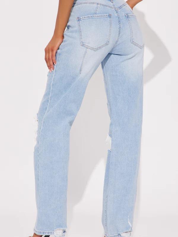 Posted Stretch Ripped Straight Leg Jeans - Light Wash