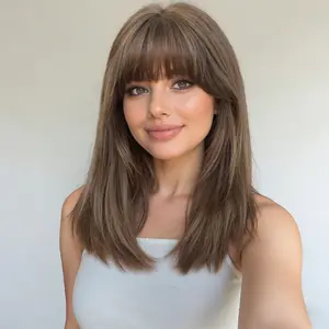Zinnia -DWY Mid-Length Straight Synthetic Wig Brown Layer-cut Stright with Bangs Glueless Synthetic Wig for Women 16 Inches