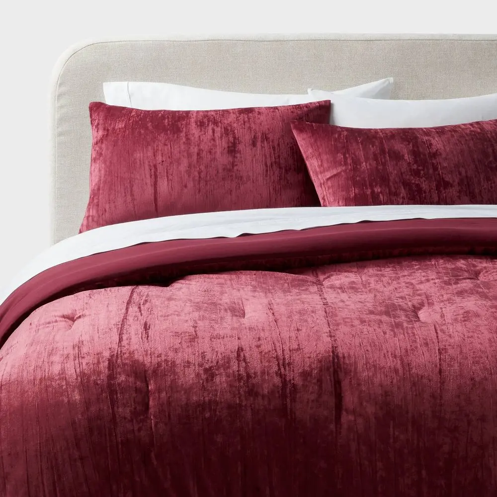 Threshold 3pc Full/Queen Luxe Distressed Crinkle Velvet Comforter and Sham Set with Machine Washable Pillows, Berry Red - OEKO-TEX Certified