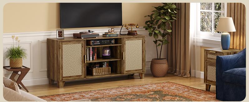 【Valentine's Day gift】ONBRILL TV Stand for 65 Inch TVs, Boho TV Consoles Cabinet with Power Outlet, Modern Entertainment Center for Living Room, Media Console with Doors and Shelves, 2 Cable Management Holes