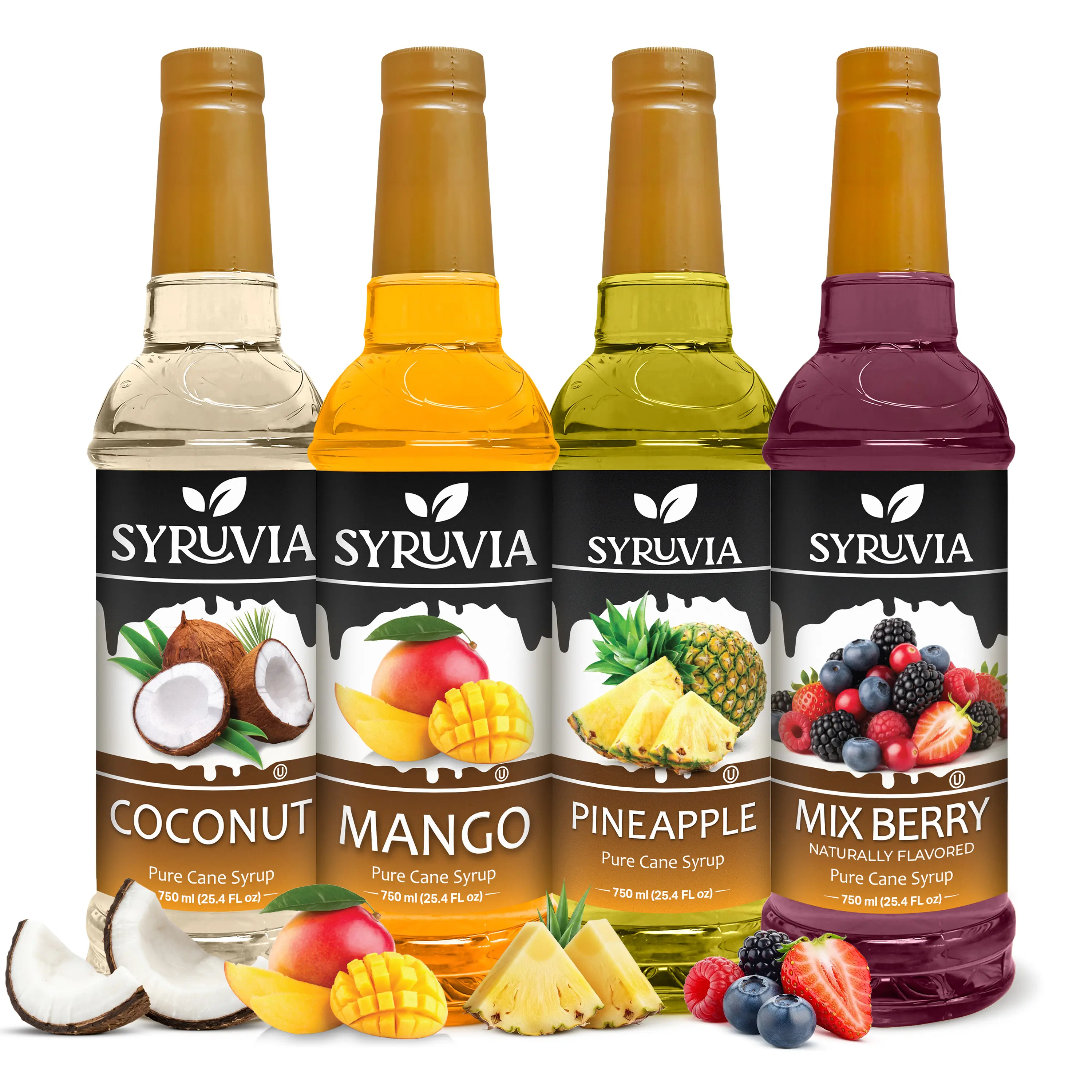 Syruvia Fruity Flavor Collection Variety Pack - Coconut, Mango, Pineapple, Mix Berry Syrups - 4 Pack 25.4 Fl oz Bottles - For Cocktails, Dessert, Sweet Lemonades