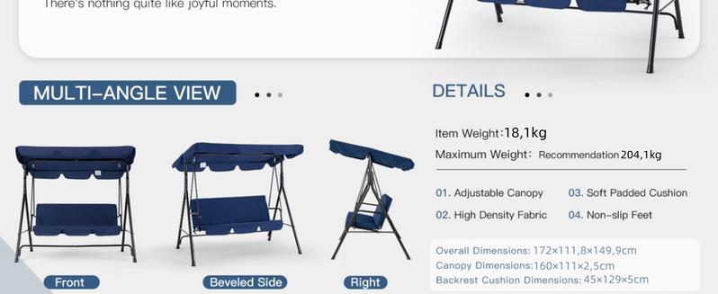 Aecojoy Patio Swings Outdoor, 3-Seat Glider Porch Bench with Removable Cushion and Adjustable Shade, Swing Chairs for Outdoor Lounge Modern