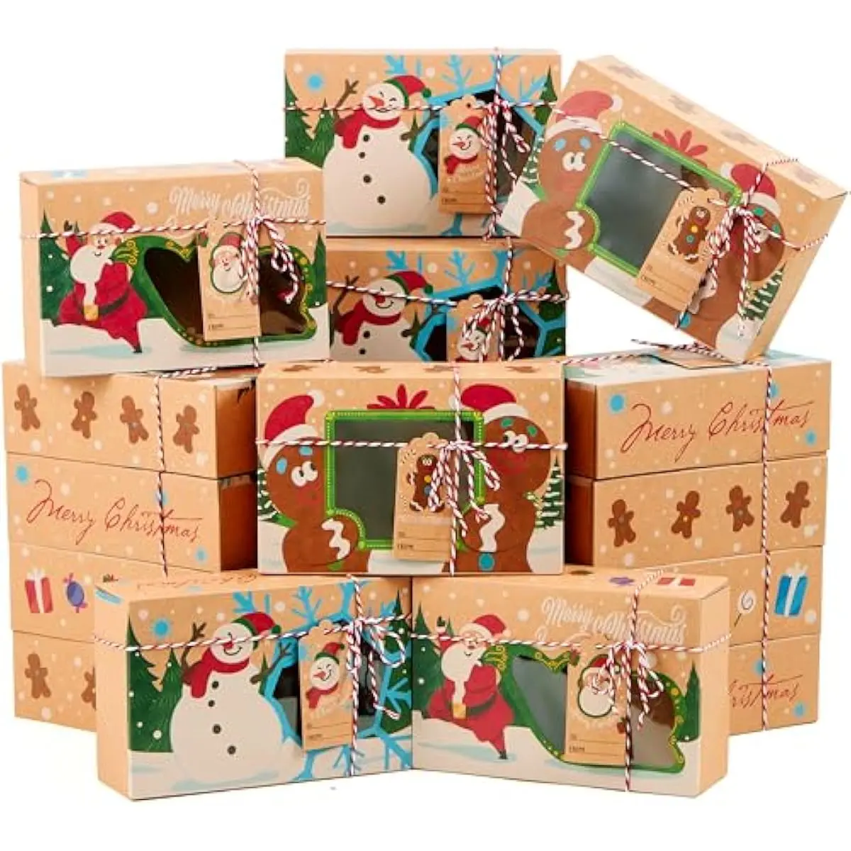24 PCS Christmas Cookie Gift Baking Box 8.75" x 5.75" x 2.75 with Window Auto-Popup, Xmas Holiday Treat Boxes Containers with Tags for Party Favor Pastries, Cupcake, Brownies, Donut Gift-Giving