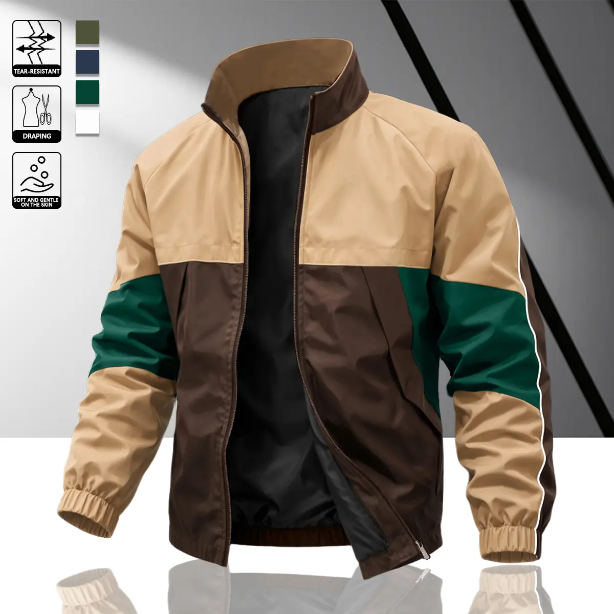 Men's Exquisite Autumn Jacket Khaki Brown Spliced Design Windproof Comfortable Lining Mature Casual Style Daily Commuting City Travel Spring Summer Versatile Stand-Up Collar Jacket