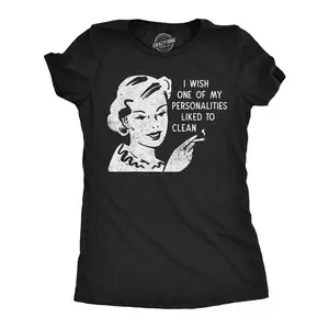 Womens Funny T Shirts I Wish One Of My Personalities Liked to Clean Sarcastic Graphic Novelty Tee for Ladies Funny Womens T Shirts Cute Vintage Fashion Casual Ladies T-Shirt Gift Funny Sarcastic Top Women's Black  -