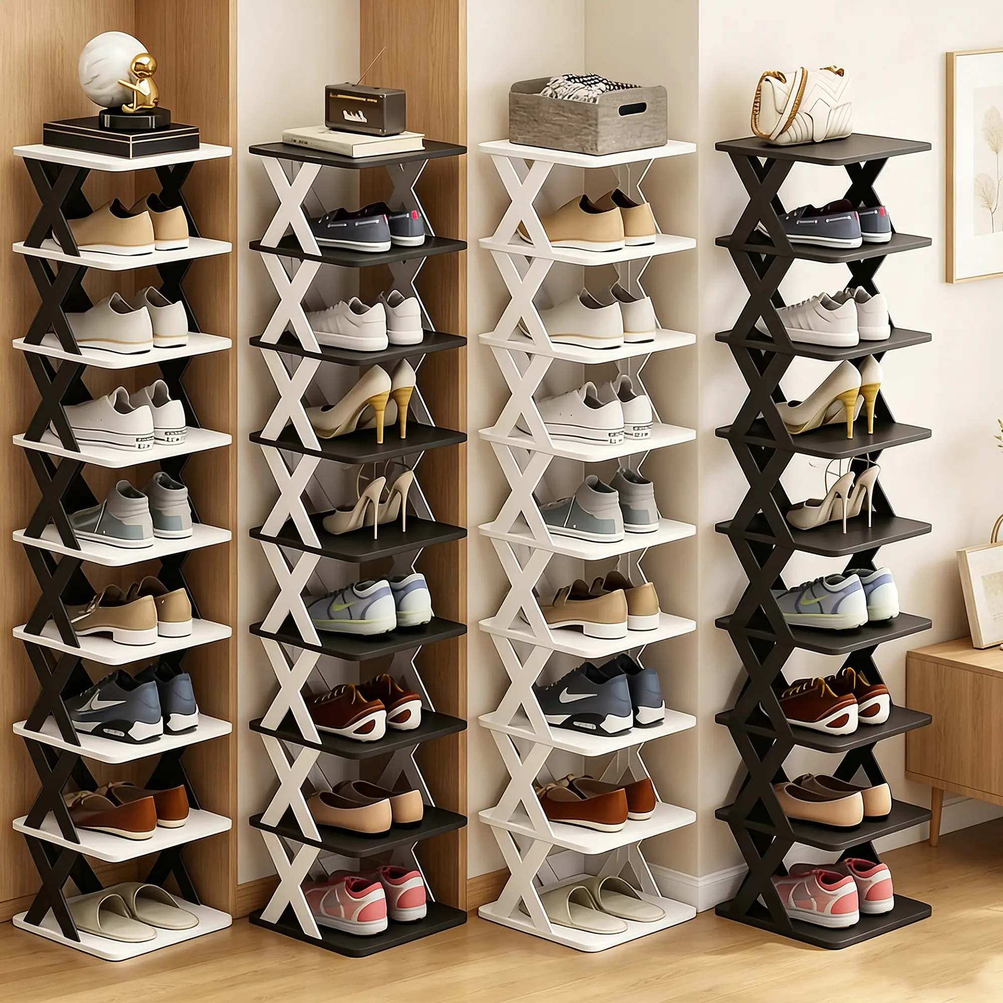 6/9-tier Shoe Rack, Independent Narrow Shoe Rack, Space-saving Folding Shoe Rack, Suitable for Bedrooms, Hallways, Living Rooms, Dormitories, Furniture Shoe Storage Rack, Plastic Stackable Shoe Storage Organizer, Easy to Assemble
