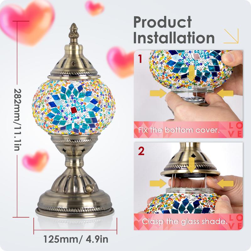 Yarra-Decor Turkish Moroccan Lamp with Bronze Base Handmade Tiffany Mosaic Glass Portable Bedside Lamp Rechargeable 2000mAh LED Bulb Blue1 Illuminated Lantern Modern Design Ideal Gift Christmas gifts Adjustable Brightness Lights Valentine's Day gifts