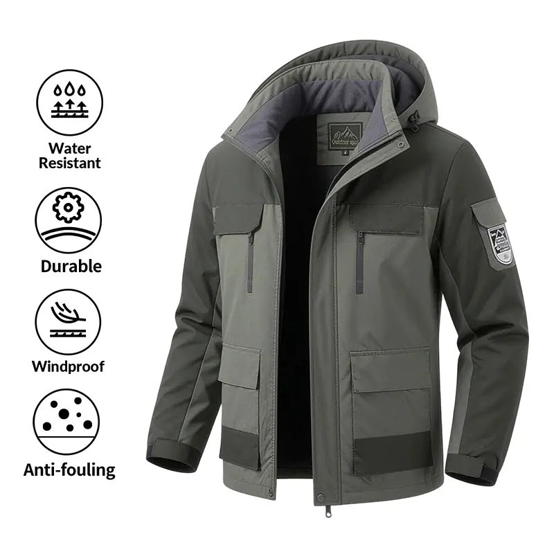 Men’s windproof, water-resistant outdoor jacket | Durable, dirt-resistant hooded work and hiking coat; windproof, water-resistant jacket; durable, dirt-resistant hooded outdoor hiking coat; multi-pocket casual winter work jacket