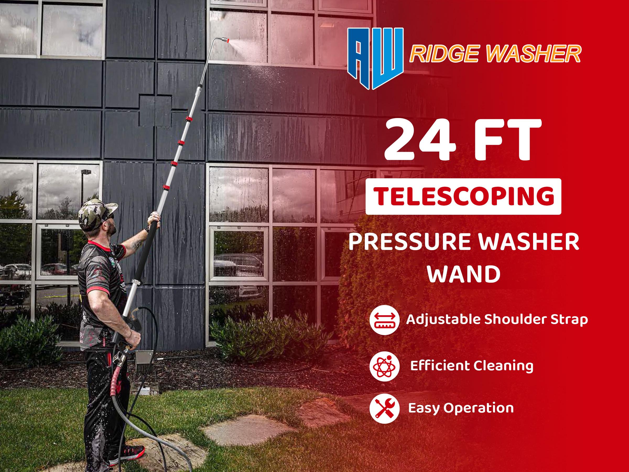 RIDGE WASHER 24 FT Telescoping Pressure Washer Wand with Brush,Telescopic Gutter Cleaner 3 Stainless Steel Curve Wands,Adjustable Belt,4000 PSI Heavy Duty Cleaning RIDGE WASHER 24 FT Telescoping Pressure Washer Wand with Brush,Telescopic Gutter Cleaner 3 Stainless Steel Curve Wands,Adjustable Belt,4000 PSI Heavy Duty Cleaning