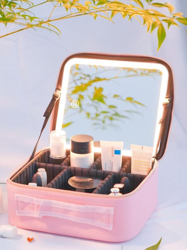 Makeup Bag with Removeable Lighted Mirror Travel Makeup Case 3 Color Lights Dimmable 4K Large Mirror Built-in Battery Detachable Dividers