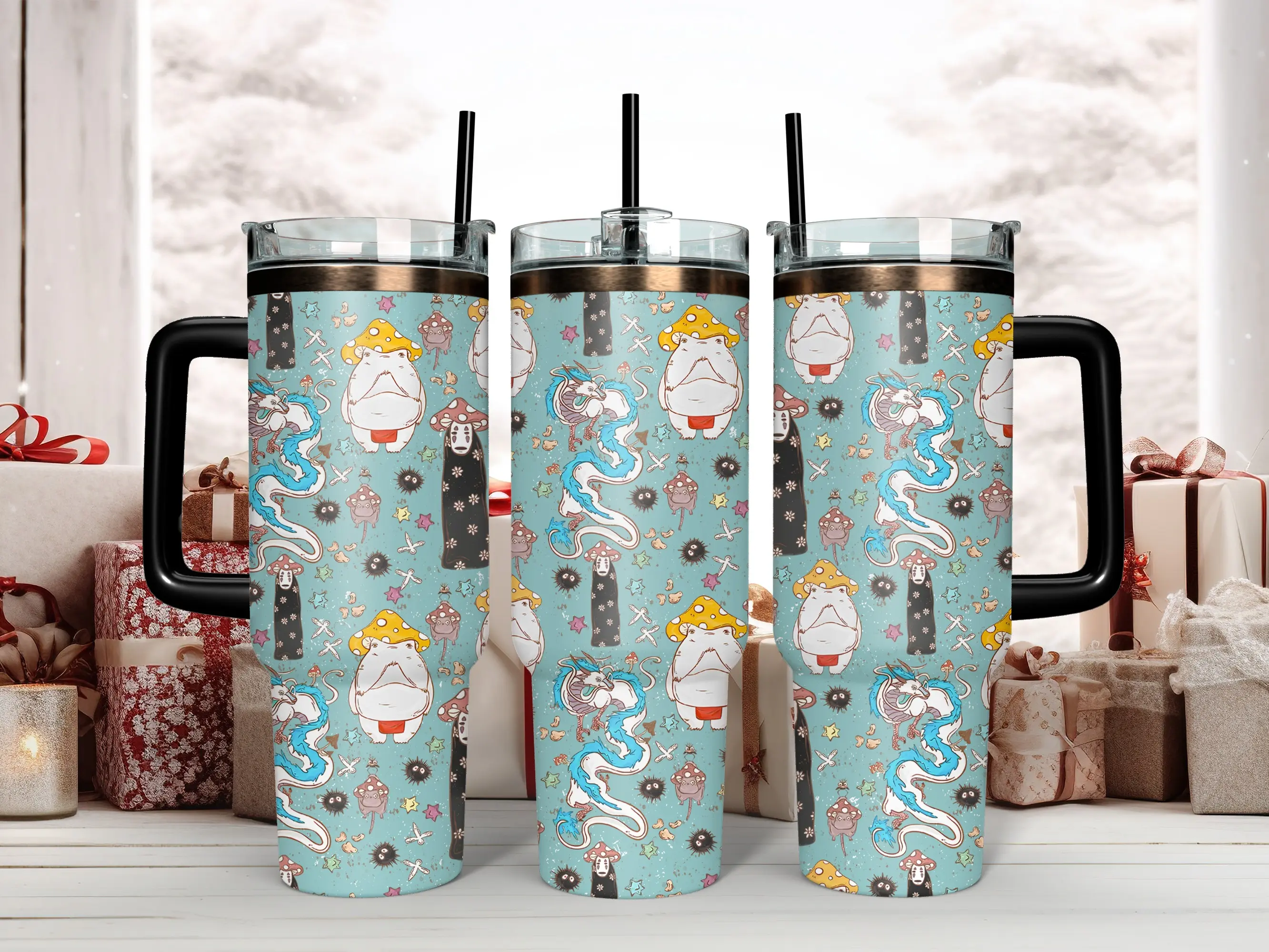 Studio Ghibli Spirited Away 40oz Stainless Steel Insulated Tumbler - Haku Dragon & No Face Pattern, Handle, Straw, Straw Lid, BPA-Free, Direct Sipping Options, Portable Reusable Drinkware, Anime Fan Gift Merchandise, Maximum Convenience