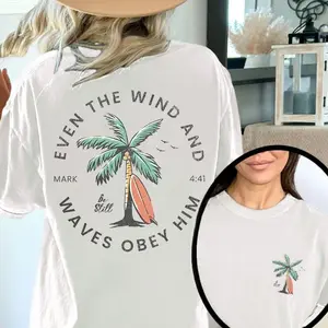 Christian Beach Vintage T-shirt, Bible Verse Coconut Tree Design, Baptism Gift Idea, Unisex Ocean Style, Trendy Faith Apparel