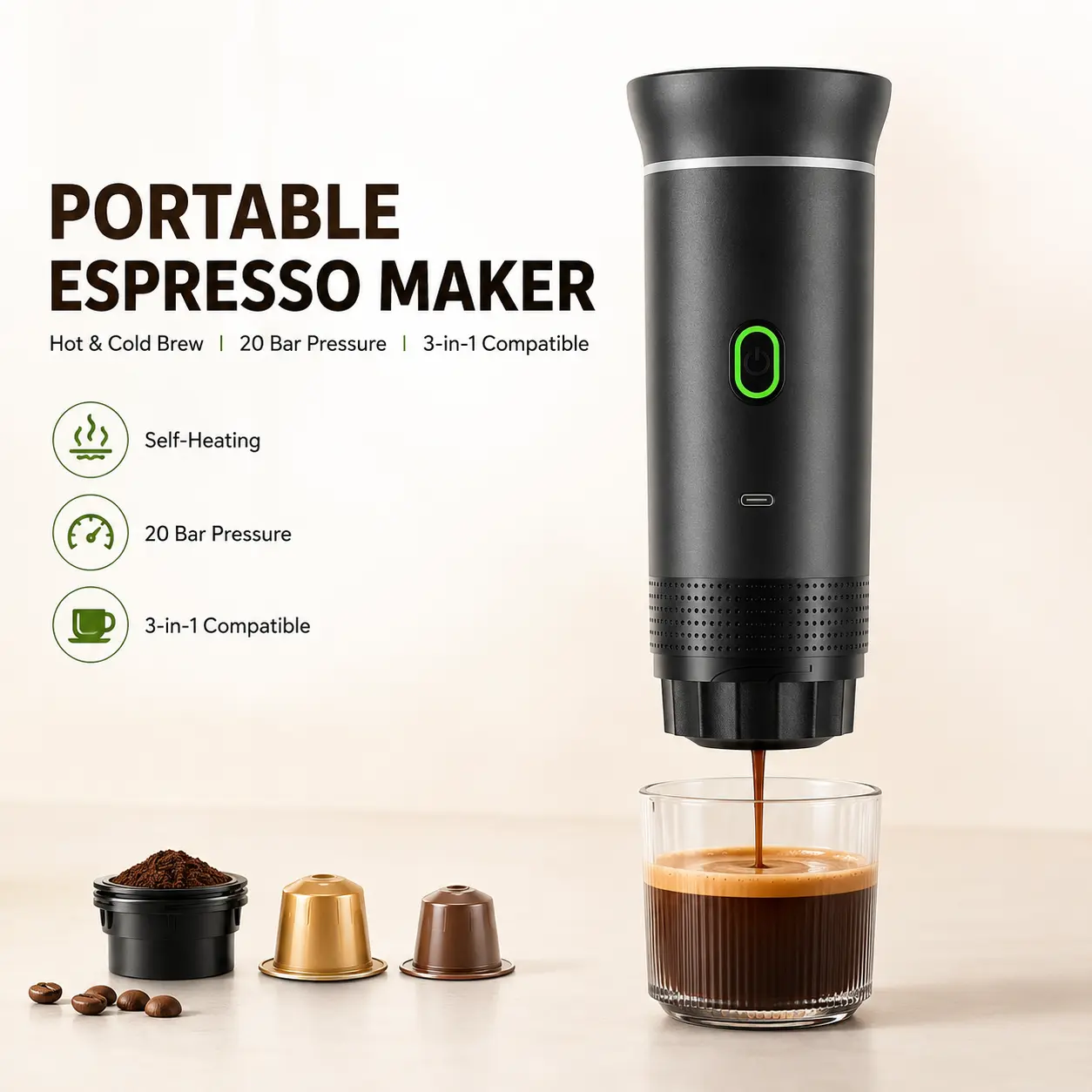 MIUVA Portable Electric Espresso Maker, Self-Heating Travel Coffee Machine with 20-Bar Pressure, 3-in-1 Compatible with Ground Coffee & Coffee Capsules, USB-C Rechargeable Espresso Machine for Camping, Car, Office & Travel