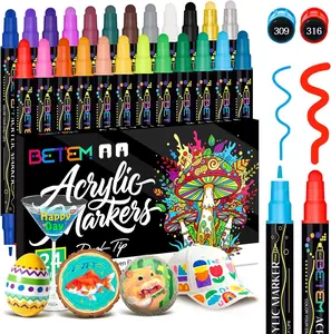 24 Dual Tip Acrylic Paint Pens Markers, Premium Water-Based Acrylic Paint Markers for Fabric, Rock, Wood, Glass, Eggs, Canvas, Ceramic, Easter Basket Stuffers DIY Crafts Drawing Markers