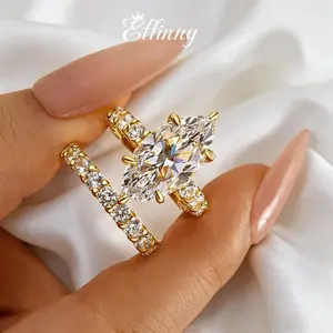 Effinny Marquise Cut 5.5ct Golden 2PC Wedding Ring Set, 925 Sterling Silver Promise Ring, 5A Cubic Zirconia Bridal Set Rings for Women
