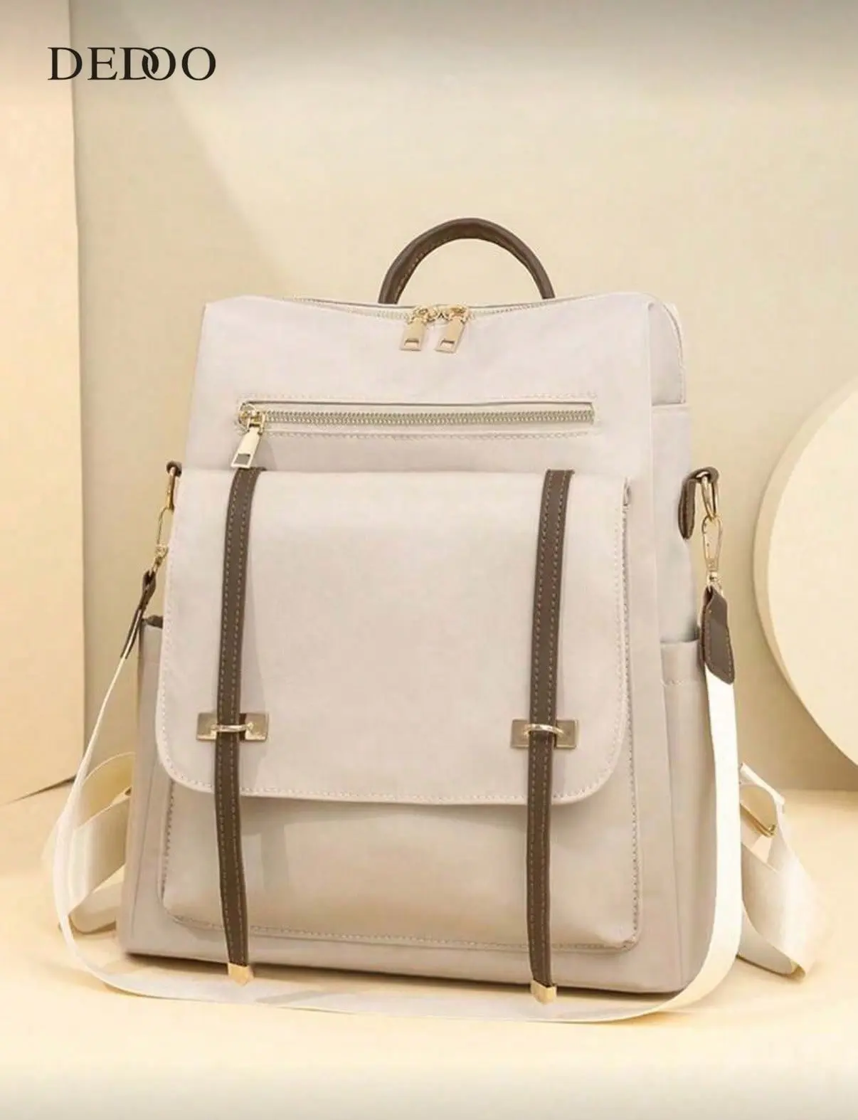 Women's Elegant Beige Colorblock Trim Casual Backpack - Soft Waterproof Nylon, Anti-Theft, Multi-Compartment, Zipper, Convertible Crossbody/Shoulder Bag with Detachable Strap, Backpacks for School & Commute