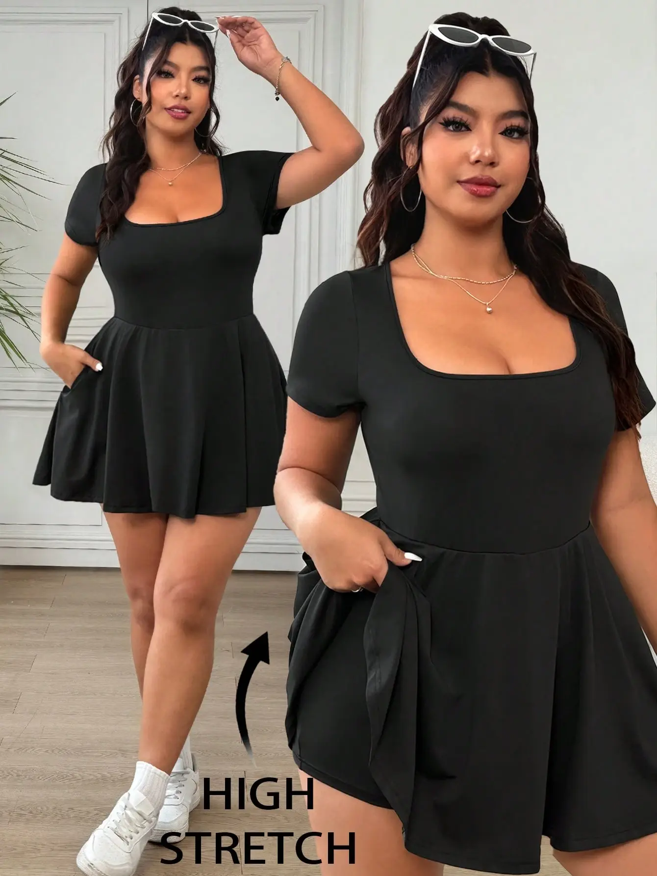 Solflare Plus Size Flounce Hem Romper – Scoop Neck Casual Jumpsuit with Pockets