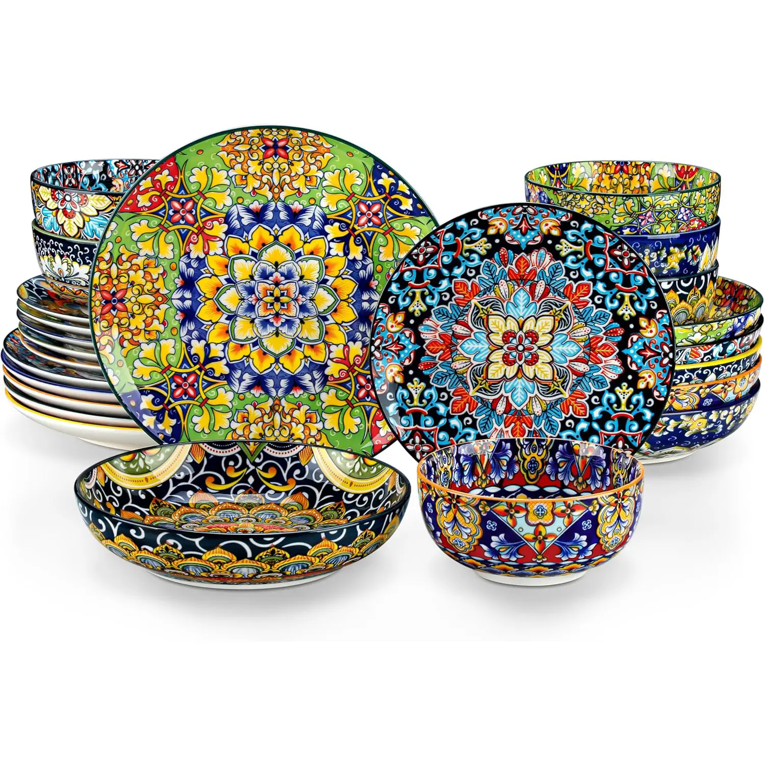 vancasso 24/18/12 Pieces Dinnerware Sets, Plates and Bowls Set, Porcelain Dishes Set for 4/6, Microwave and Dishwasher Safe, Scratch Resistant, Bohemian Style Dining Ware, Series SIMI Tableware