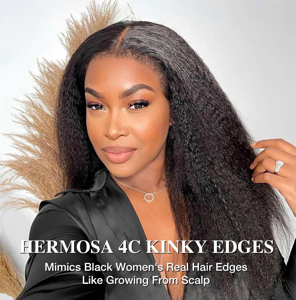 【4c Kinky Straight】Glueless 4C Kinky Edge Hairline Kinky Straight Human Hair Wigs Pre Cut Lace 8x5 13x4 360 HD Lace Frontal Wigs 220% Density