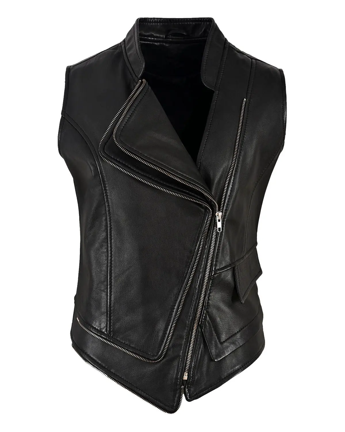 Women's Black Punk Biker Real Sheepskin Leather Vest