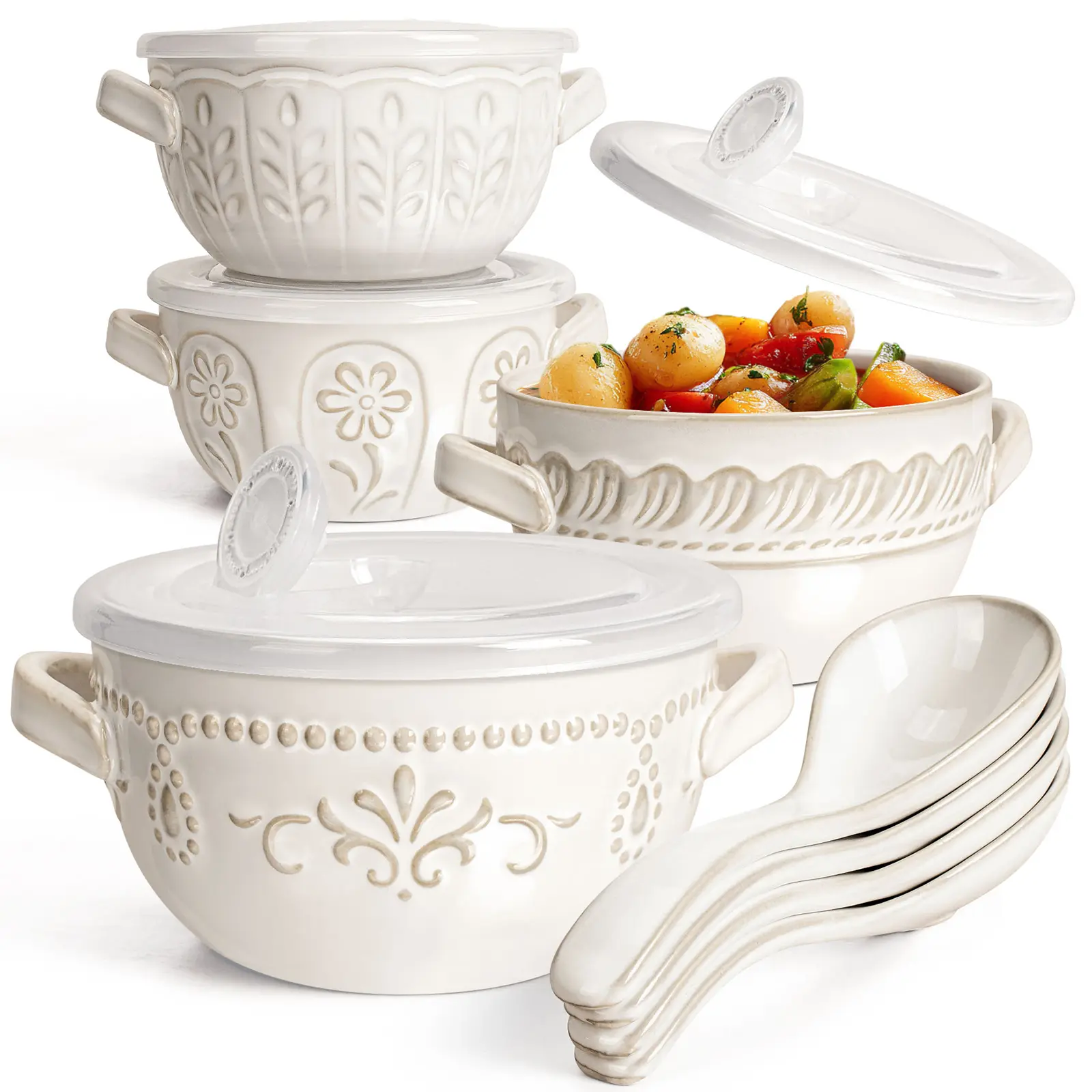 Artena Embossed Large French Onion Soup Bowls Set of 4 (20oz Ceramic Soup Crocks with Lid+Spoon, Handles), Oven-Safe Dishwasher-Safe Tableware Plateset Great for Cozy Dinners