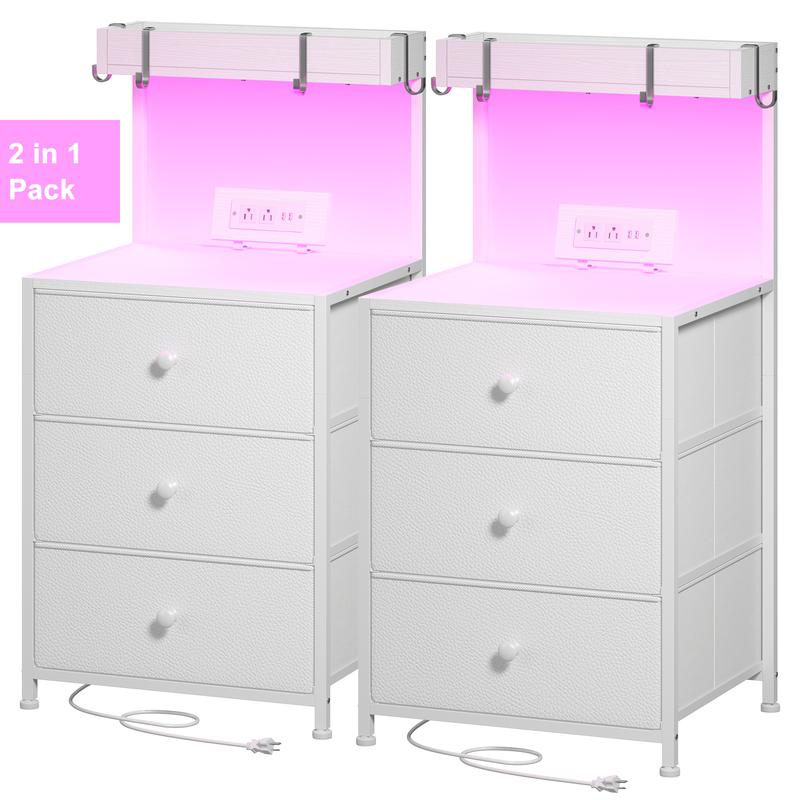 Raybee Tall Nightstand with Charging Station and Led Lights Nightstand with 3 Drawers and Shelves Bedside Table with USB Ports and Outlets, End Table for Bedroom, Side Table with 4 Hooks, Mini Drawer Dresser