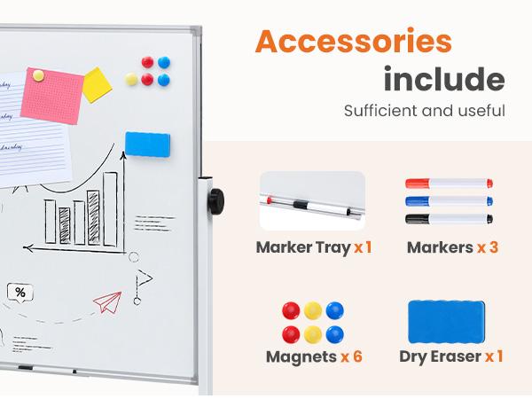 Double-Sided Magnetic Rolling Whiteboard with Silver Aluminium Frame, Wheels, Stand, Dry Erase Markers, Classroom Supplies for Office & Home Use