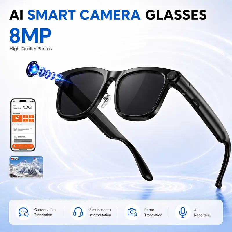 AI Smart Glasses, Wearable Rechargeable Recording Glasses with 8MP Camera, 1080P HD Video Recording, Wireless Bluetooth Audio, AI Translation, Voice Assistant, 16GB Storage, WiFi App Control, IP65 Waterproof for Travel, Cycling