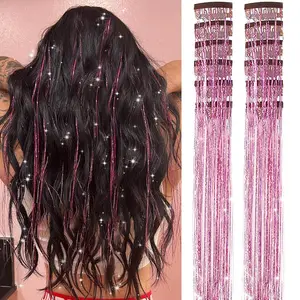 Pink Color Hair Tinsel Pack of 12 Pcs Glitter Hair Accessories 20 Inch Clip in Extensions for Women Girls Party Kit Easy Install Non Toxic Upgrade Design